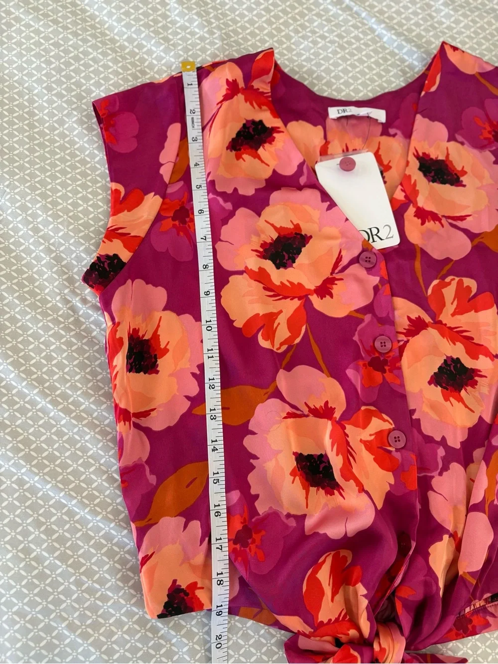 New Medium DR2 Orange Pink Floral Satin Tie Front Top